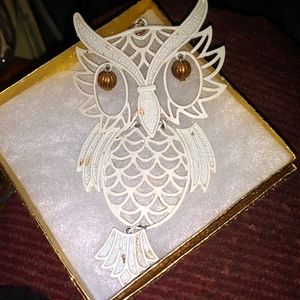 Vintage White Enamel Owl Pendant